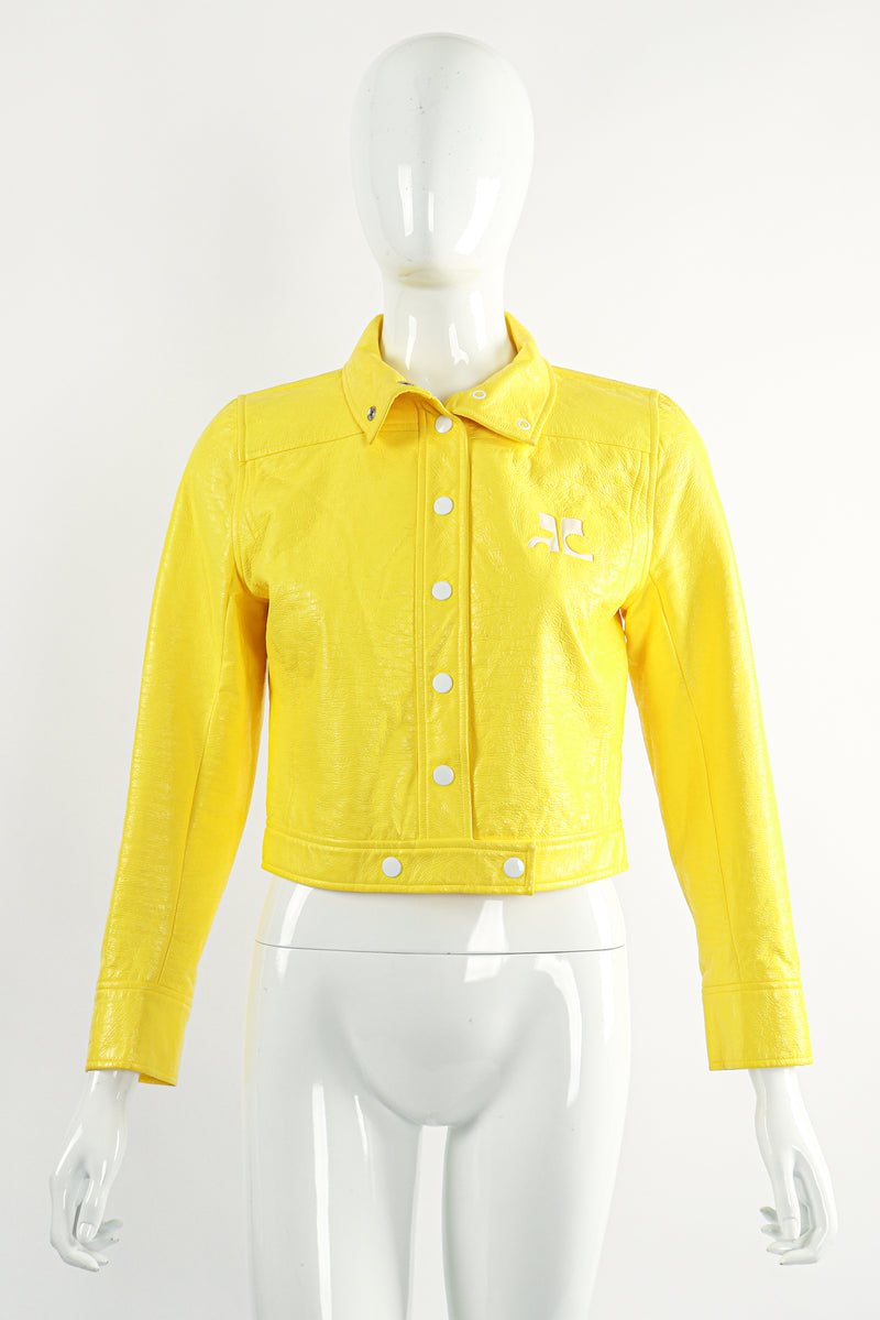 Vintage Courreges Yellow Patent Crinkle Jacket On Mannequin Front at Recess Los Angeles