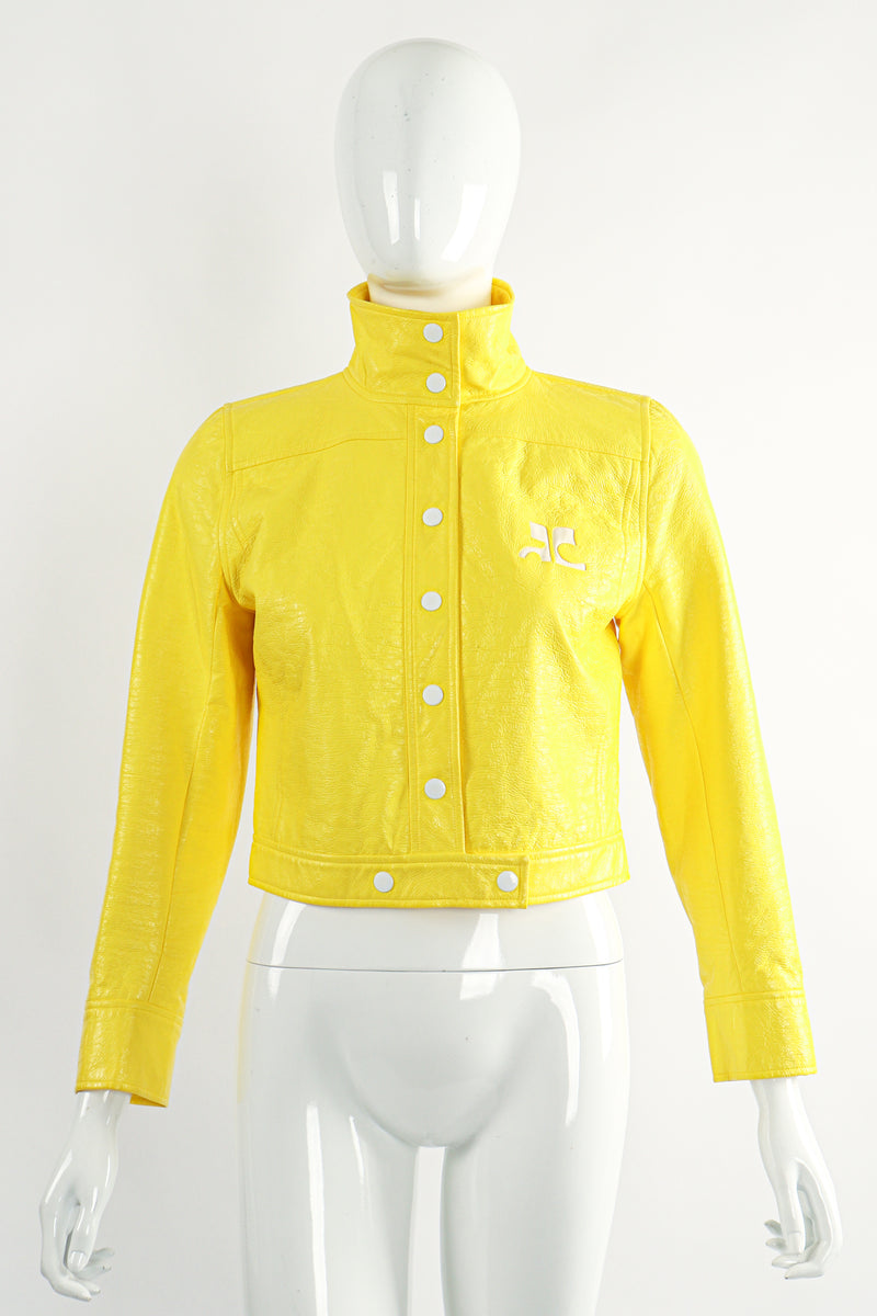 Vintage Courreges Yellow Patent Crinkle Jacket On Mannequin Front Buttoned at Recess Los Angeles
