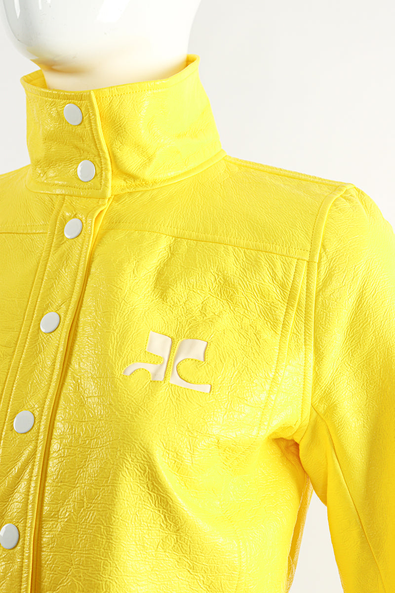 Vintage Courreges Yellow Patent Crinkle Jacket On Mannequin Logo Detail at Recess Los Angeles