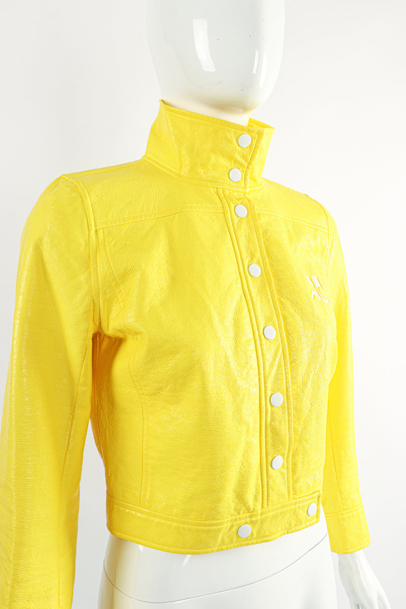 Vintage Courreges Yellow Patent Crinkle Jacket On Mannequin Side Buttoned at Recess Los Angeles
