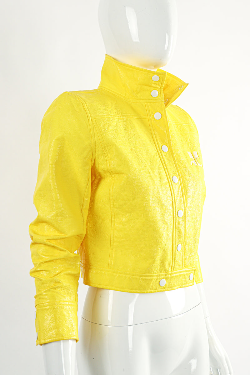 Vintage Courreges Yellow Patent Crinkle Jacket On Mannequin Side at Recess Los Angeles