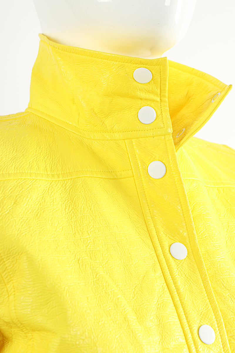Vintage Courreges Yellow Patent Crinkle Jacket On Mannequin Neckline at Recess Los Angeles