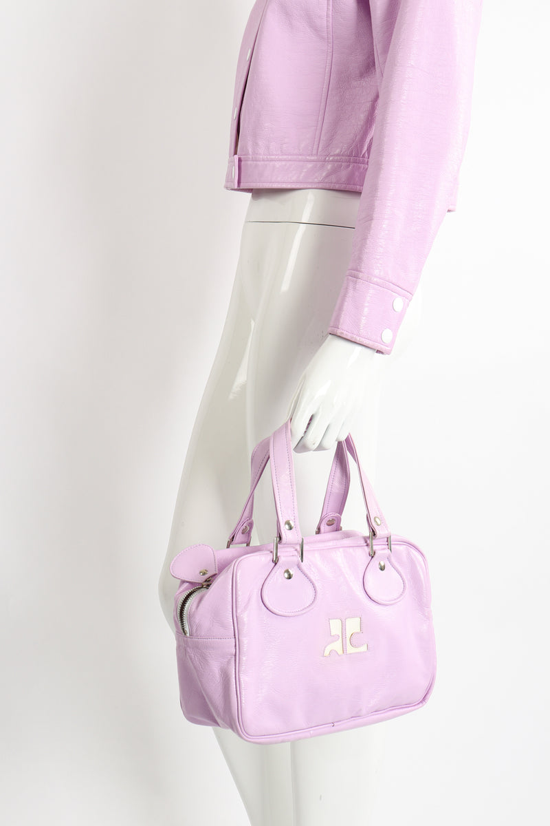 Vintage Courreges Patent Crinkle Bowler Bag on Mannequin matching jacket at Recess Los Angeles