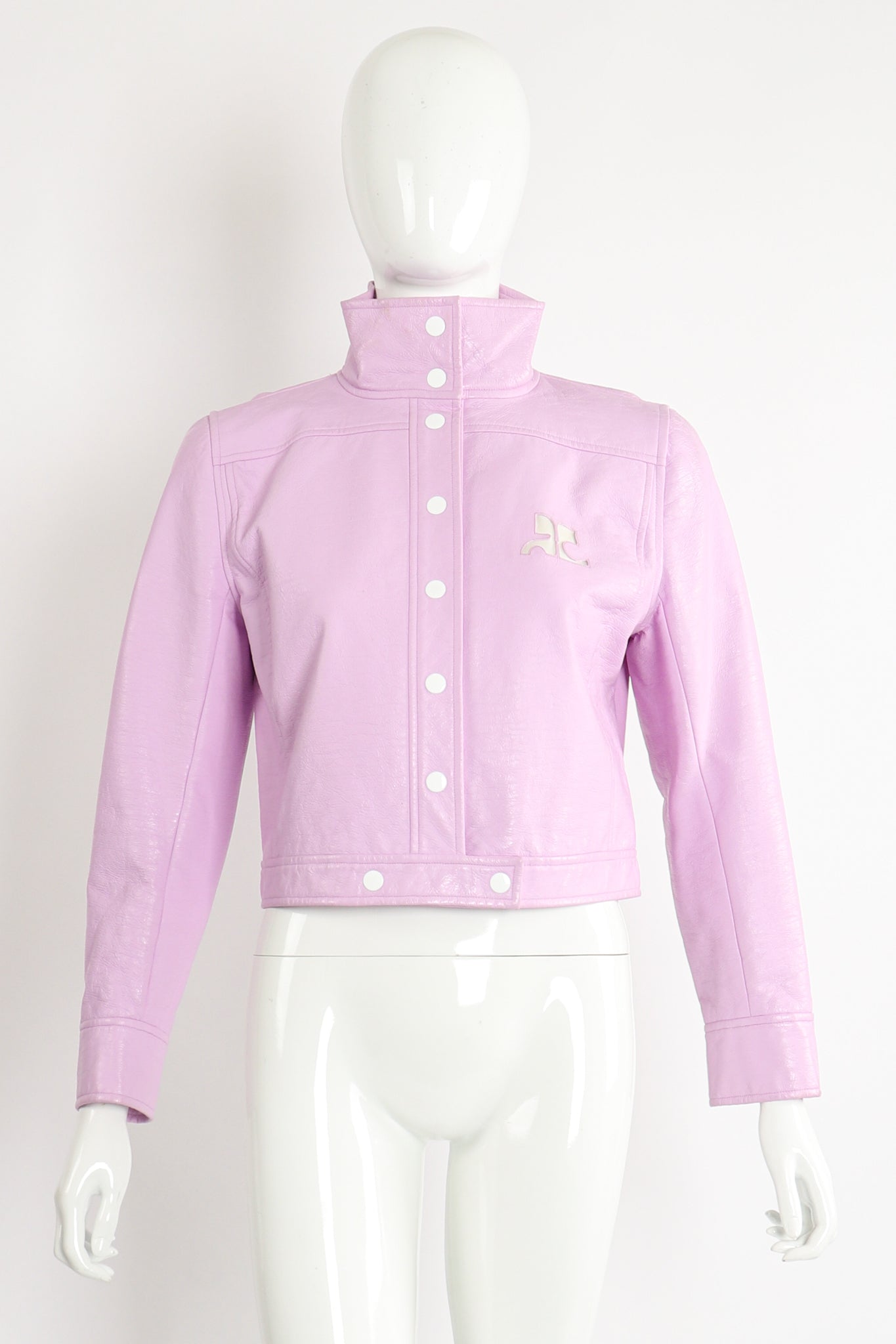 Vintage Courreges Lilac Patent Crinkle Jacket on Mannequin Front at Recess Los Angeles