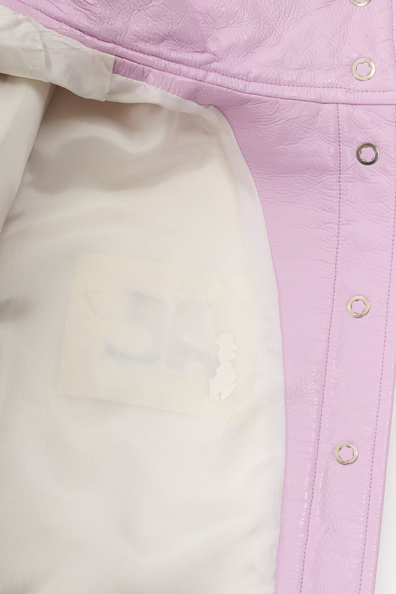 Vintage Courreges Lilac Patent Crinkle Jacket inner logo lining damage at Recess