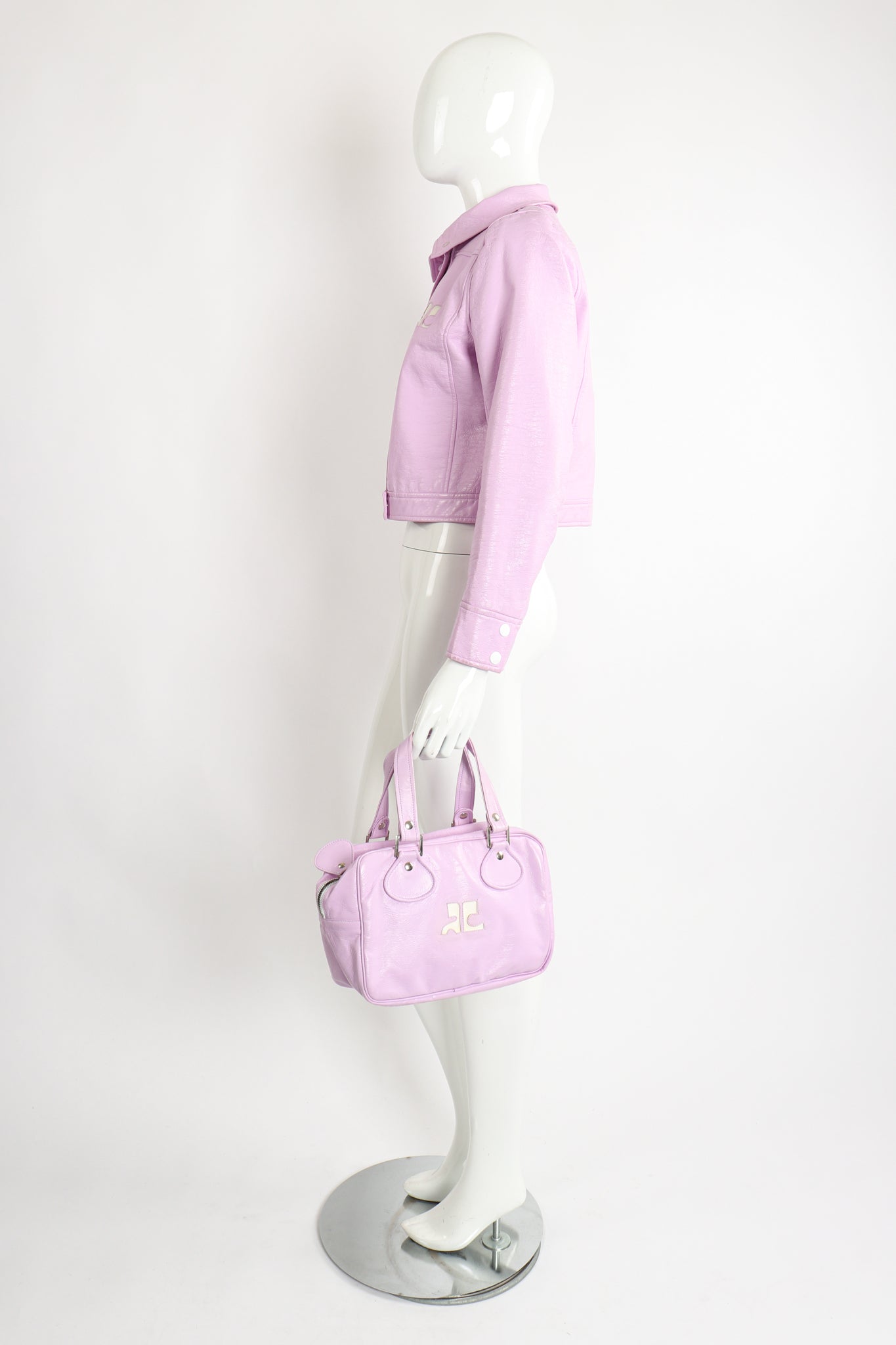 Vintage Courreges Lilac Patent Crinkle Jacket on Mannequin Matching Bag at Recess