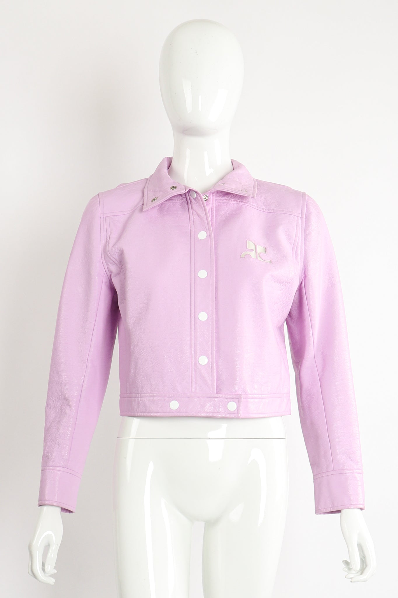 Vintage Courreges Lilac Patent Crinkle Jacket on Mannequin Front Collar fold at Recess Los Angeles