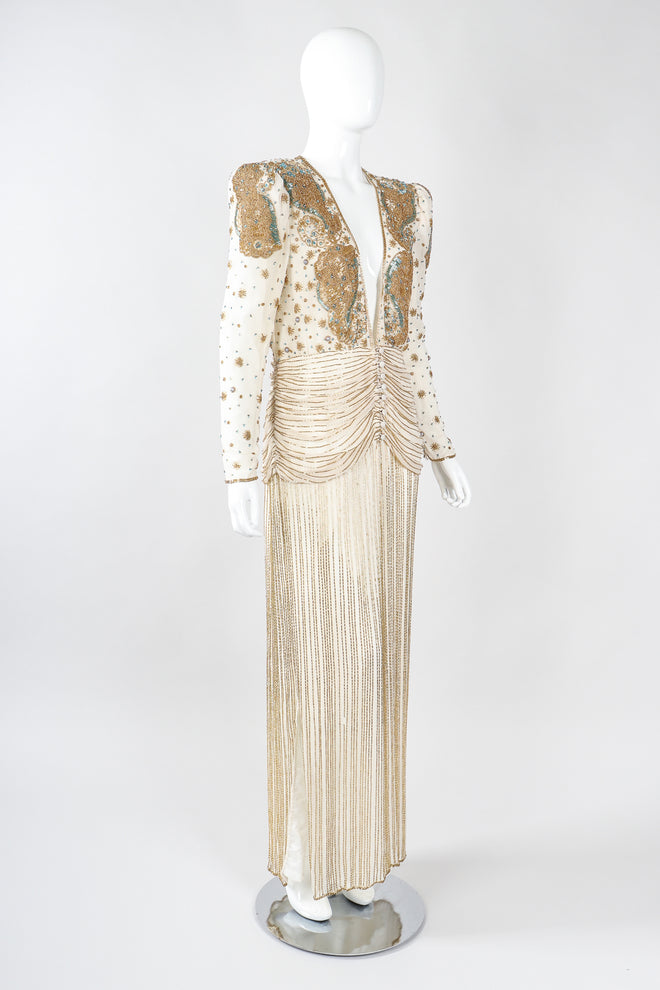 Recess Los Angeles Vintage Creative Creations Beaded Silk Elephant Collar Drop Waist Gown