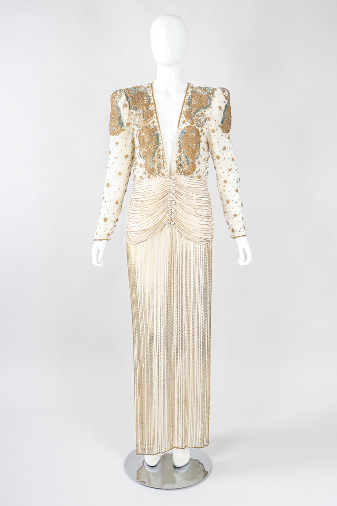 Recess Los Angeles Vintage Creative Creations Beaded Silk Elephant Collar Drop Waist Gown
