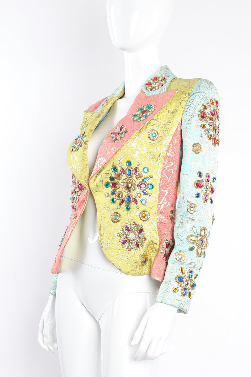 Vintage Christian Lacroix Jeweled Pastel Graffiti Brocade Jacket on Mannequin crop at Recess LA