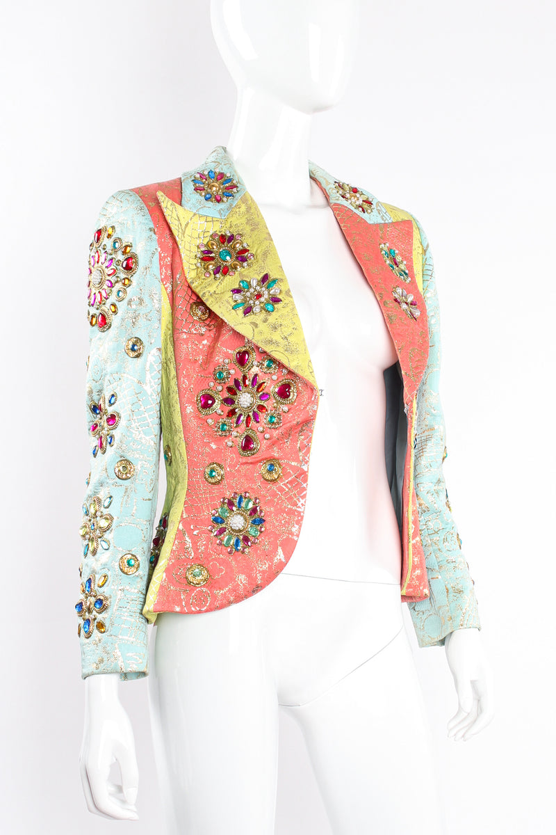 Vintage Christian Lacroix Jeweled Pastel Graffiti Brocade Jacket on Mannequin open at Recess LA