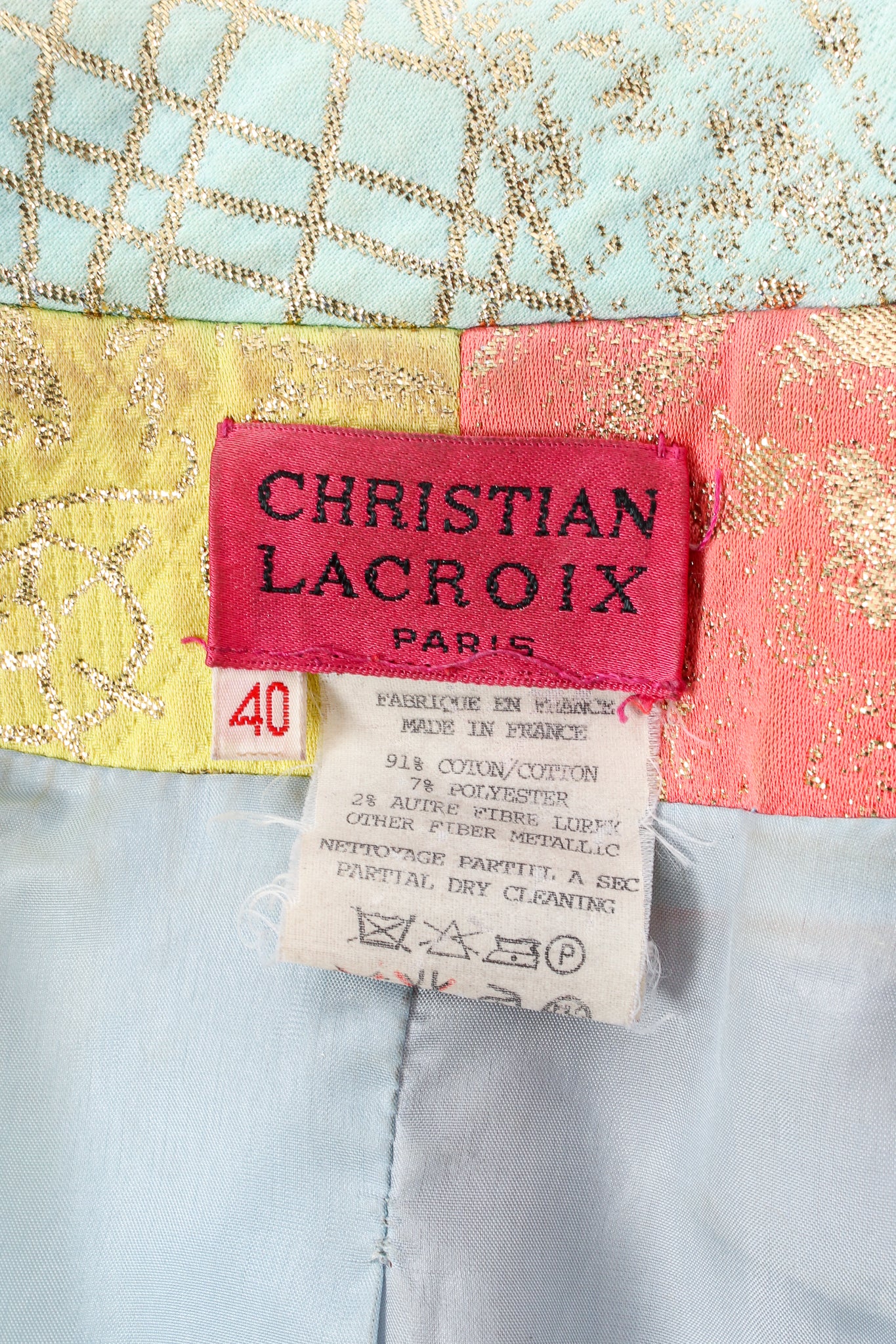 Vintage Christian Lacroix Jeweled Pastel Graffiti Brocade Jacket label at Recess LA