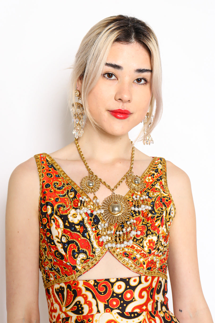 Vintage Napier Triple Wire Pearl Pendant Necklace on model Danielle @ Recess Los Angeles
