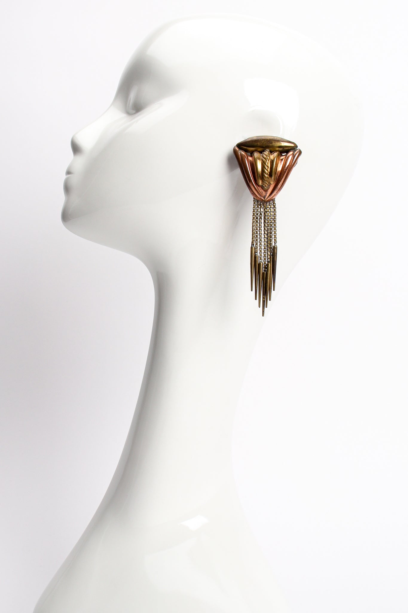 Vintage Diva Brass Dagger Fringe Earrings on mannequin at Recess Los Angeles