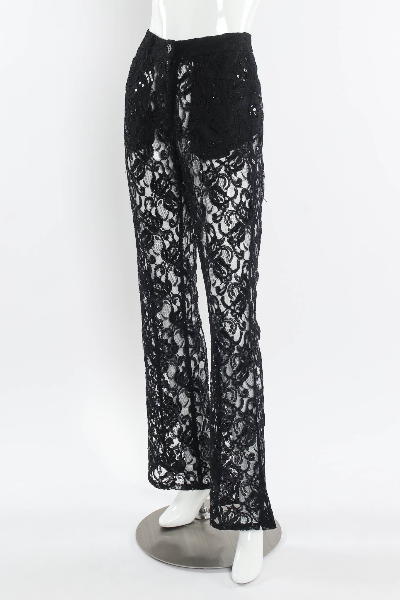 Vintage DKNY Donna Karan Lace Sequin Beaded Sheer Pant mannequin angle @ Recess LA