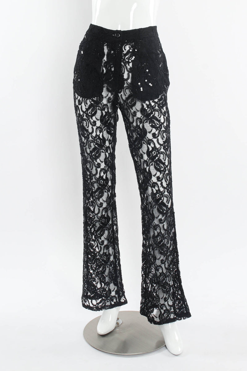 Vintage DKNY Donna Karan Lace Sequin Beaded Sheer Pant mannequin front  @ Recess LA