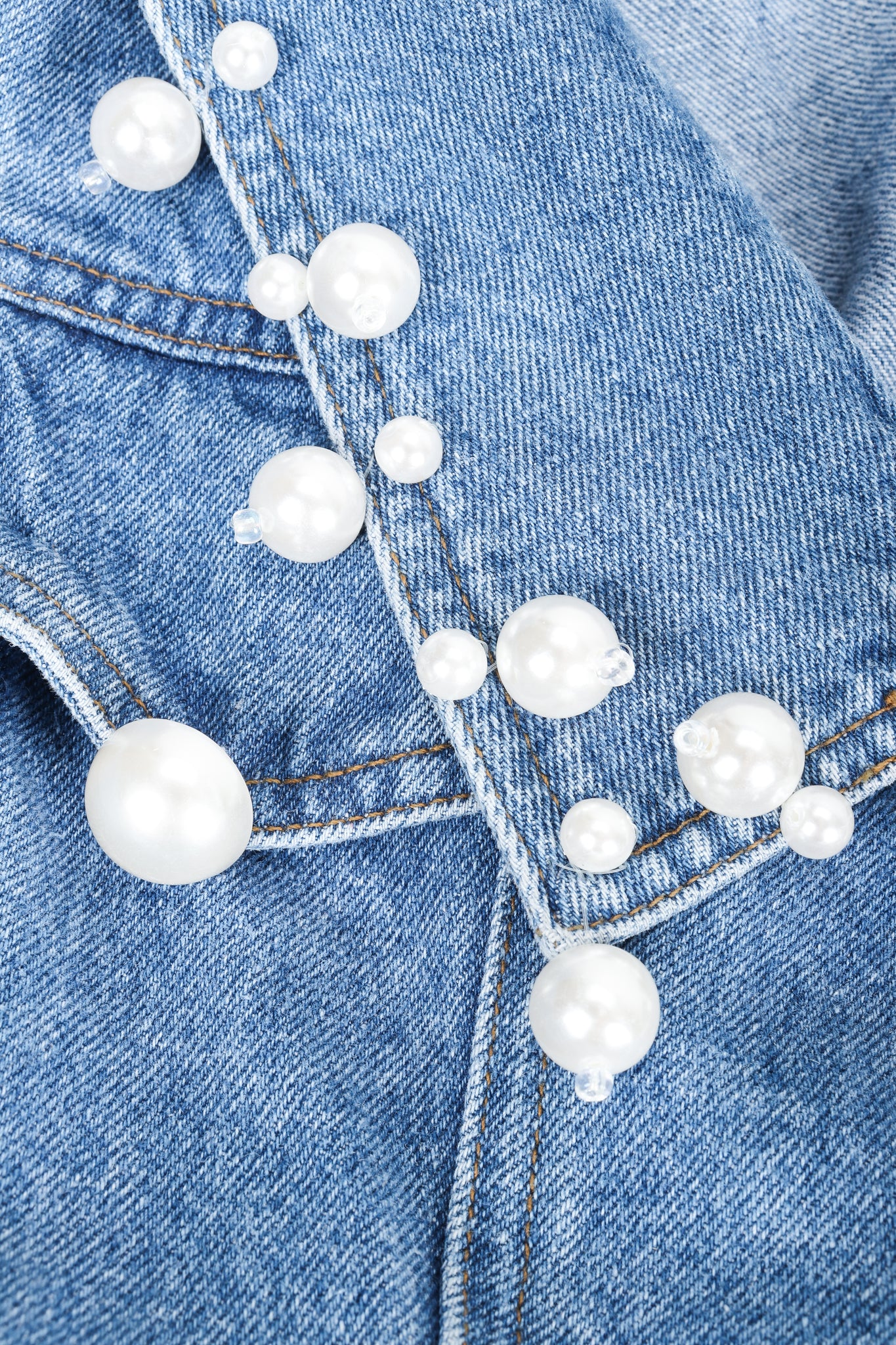 Vintage Donna Karan DKNY Pearl Denim Jacket pearl trim at Recess Los Angeles