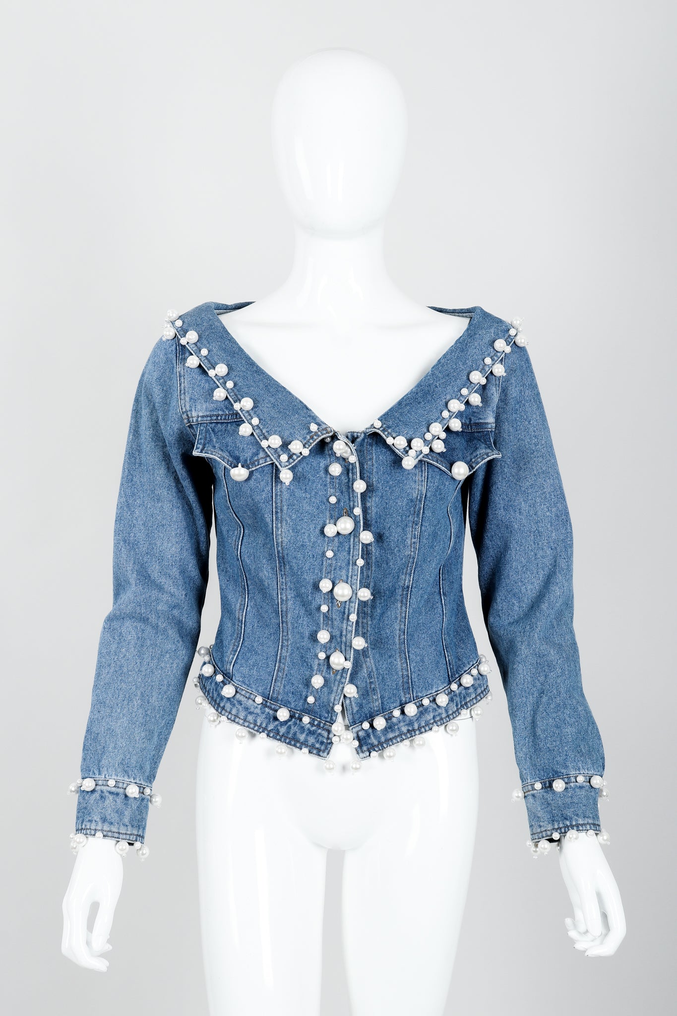 Vintage Donna Karan DKNY Pearl Denim Jacket on mannequin front at Recess Los Angeles