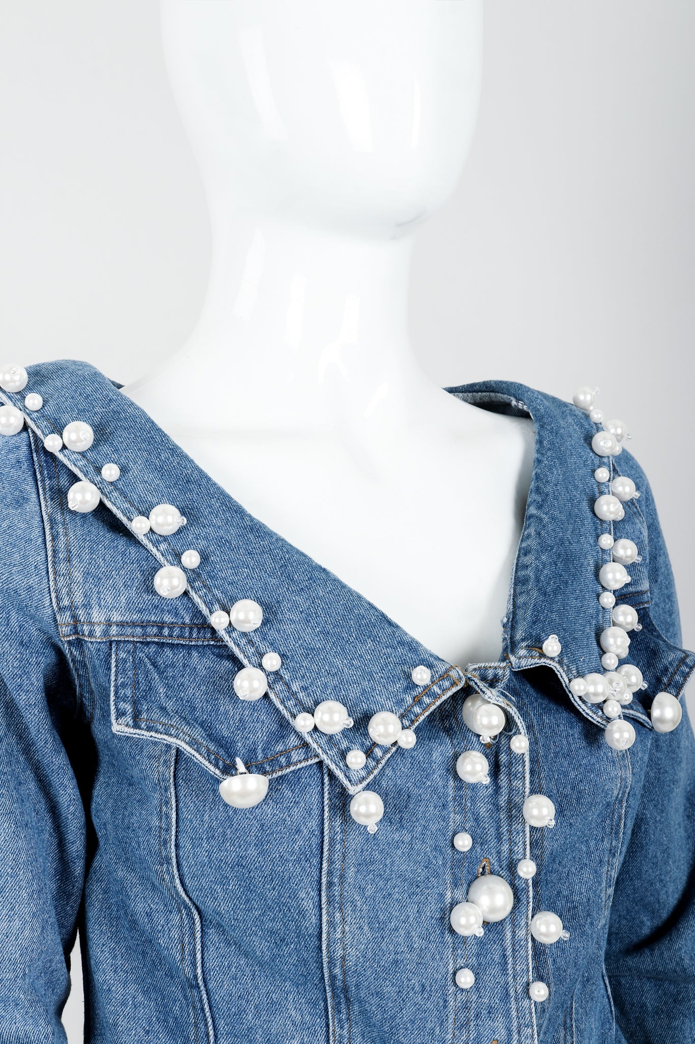Vintage Donna Karan DKNY Pearl Denim Jacket on mannequin neckline at Recess Los Angeles