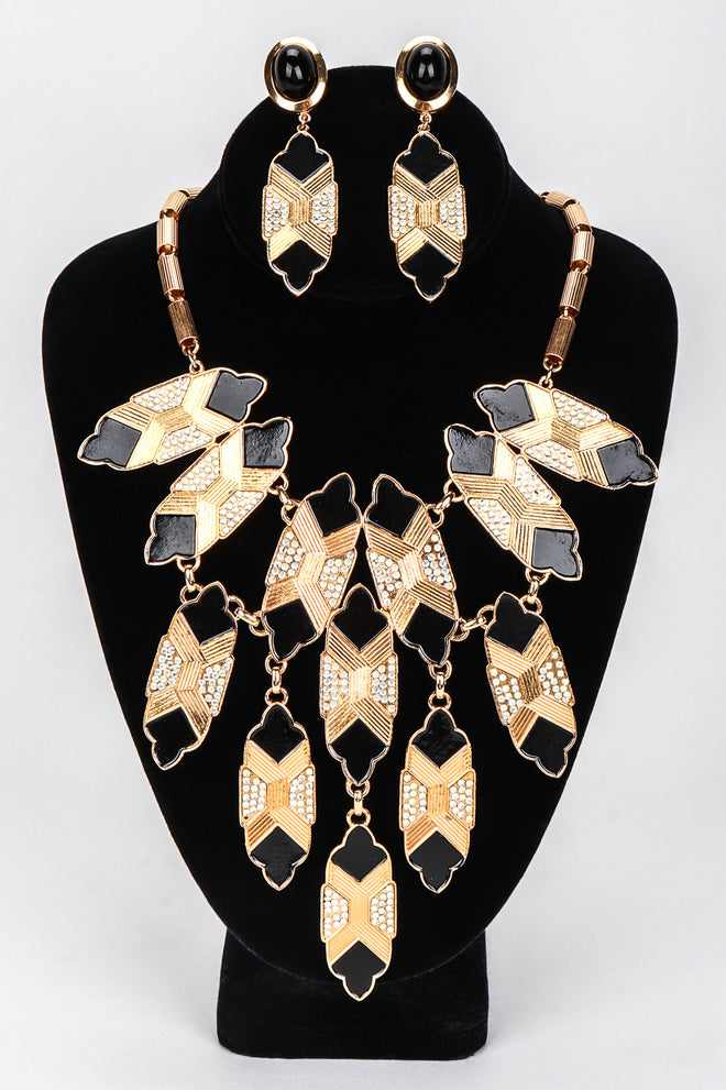 Recess Los Angeles Vintage Oscar de la Renta Art Deco Bibb Waterfall Necklace and Earring Set