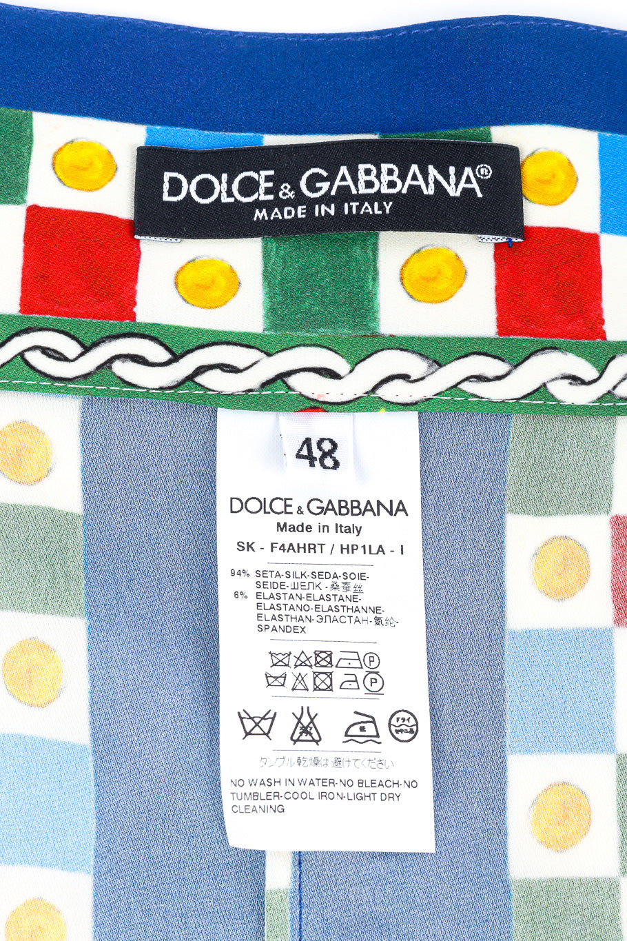 Dolce & Gabbana multicolor printed skirt designer tag, size and fabric content @recessla