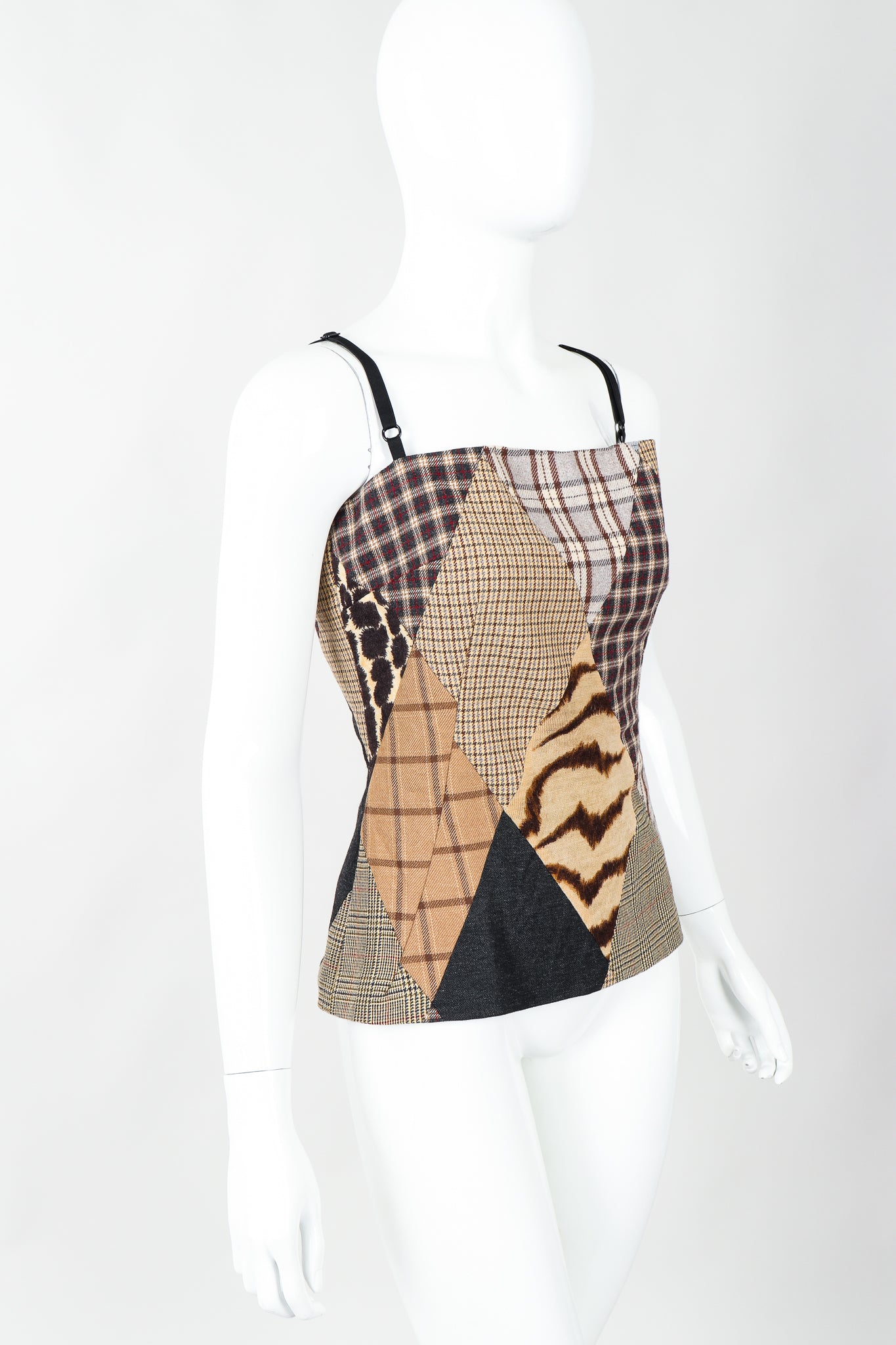 Vintage Dolce & Gabbbana D&G Neutral Plaid Patchwork Bustier Top on Mannequin, cropped at Recess