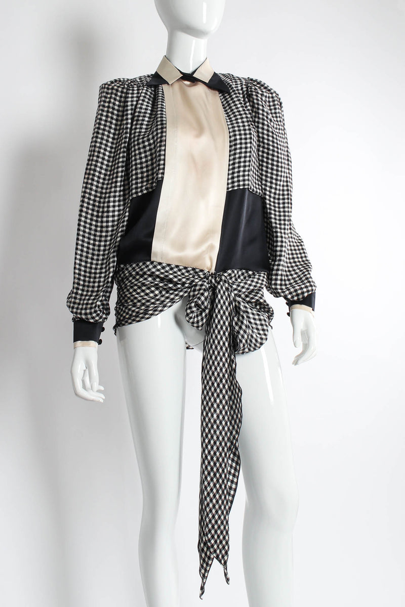 Vintage Dalvin Silk Gingham Tie Wrap Blouse mannequin bow wrap close @ Recess Los Angeles