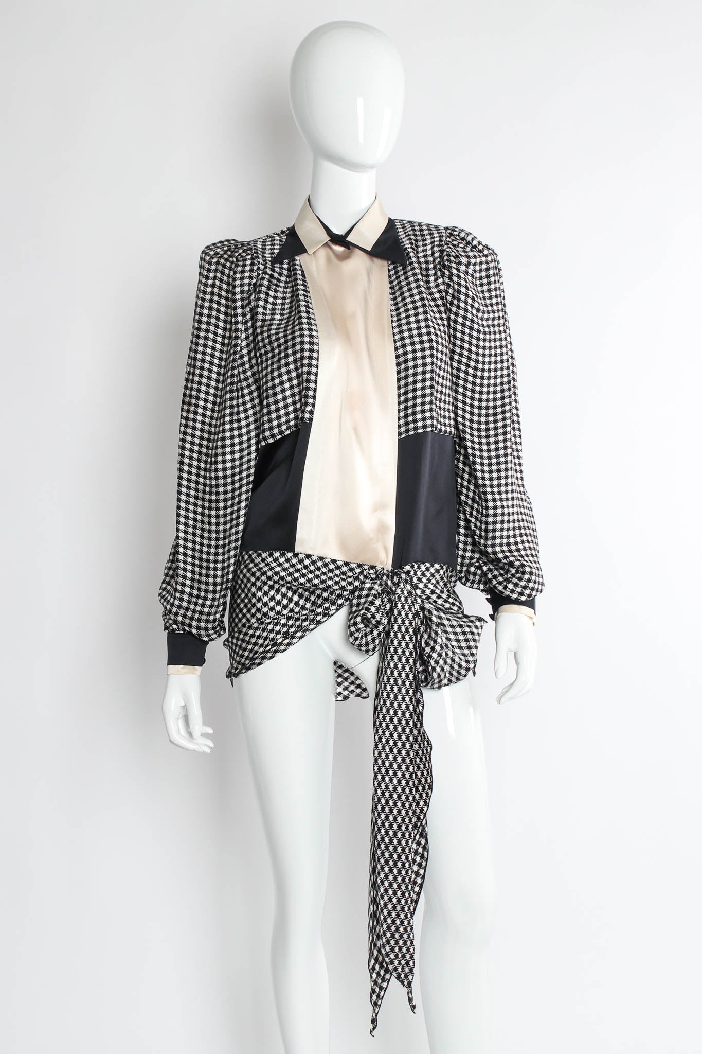 Vintage Dalvin Silk Gingham Tie Wrap Blouse mannequin front @ Recess Los Angeles