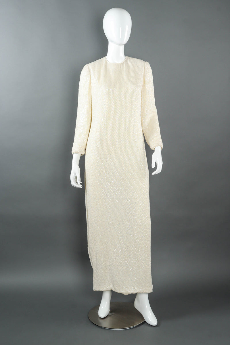 Vintage David Hayes Sequin & Beaded Ivory Dress on mannequin front  @ Recess LA