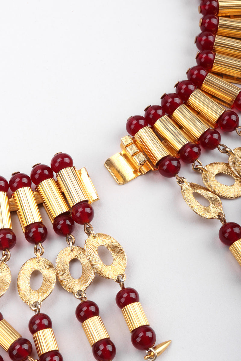 Recess Los Angeles Vintage William De Lillo Egyptian Red Gold Double Row Ribbed Tubes Oval Link Glass Beads Dangling Daggers
