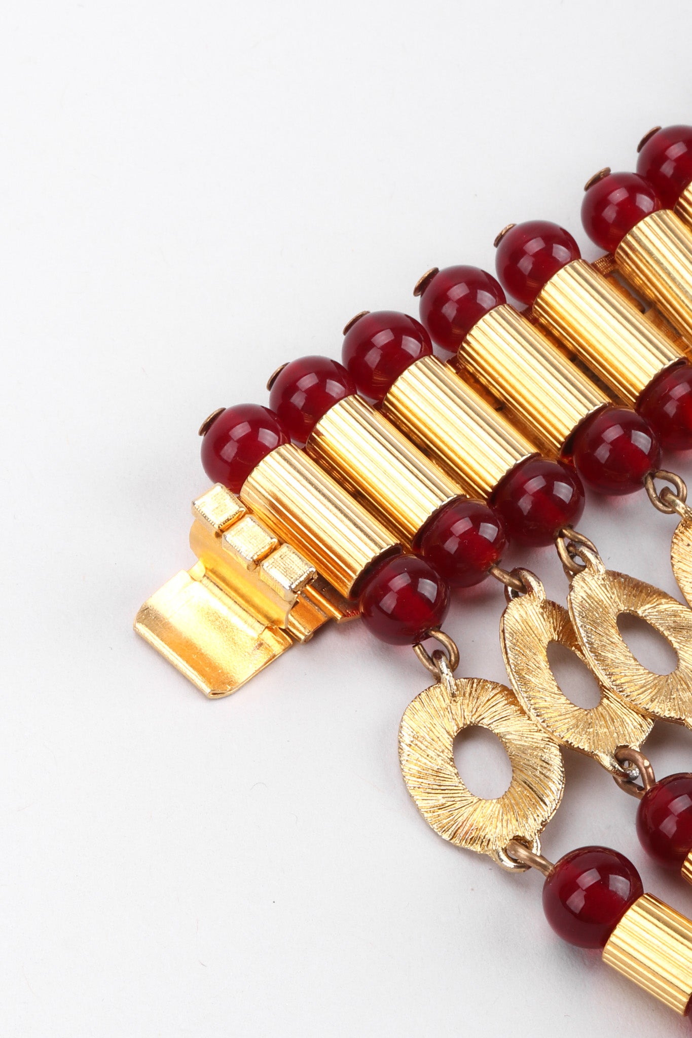 Recess Los Angeles Vintage William De Lillo Egyptian Red Gold Double Row Ribbed Tubes Oval Link Glass Beads Dangling Daggers