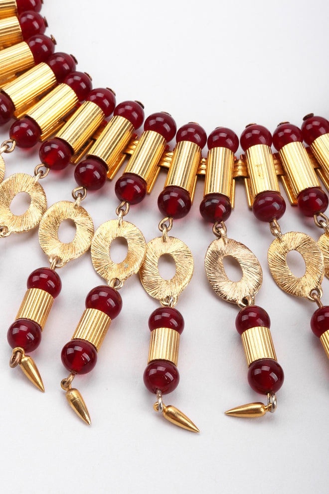 Recess Los Angeles Vintage William De Lillo Egyptian Red Gold Double Row Ribbed Tubes Oval Link Glass Beads Dangling Daggers