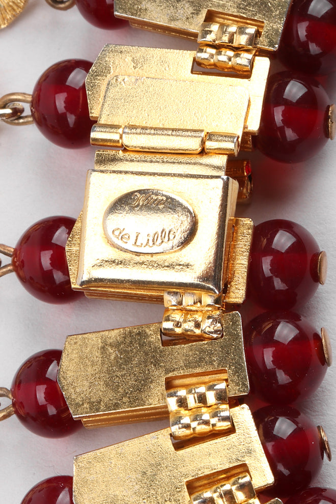 Recess Los Angeles Vintage William De Lillo Egyptian Red Gold Double Row Ribbed Tubes Oval Link Glass Beads Dangling Daggers