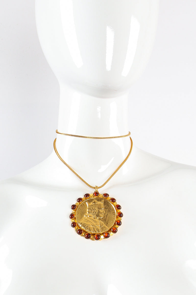 Vintage William deLillo Coin Cabochon Pendant Necklace on mannequin doubled at Recess Los Angeles
