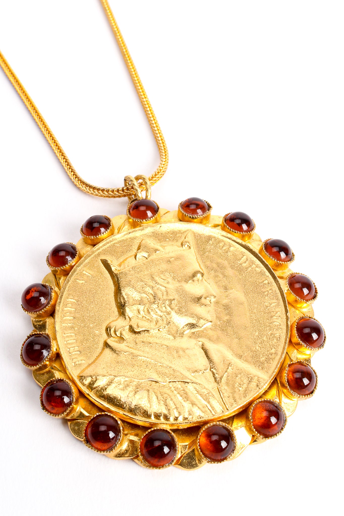 Vintage William deLillo Coin Cabochon Pendant Necklace detail at Recess Los Angeles