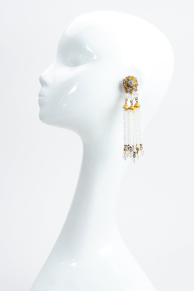 Vintage Deanna Hamro Crystal Chandelier Bead Fringe Drop Earrings on Mannequin at Recess