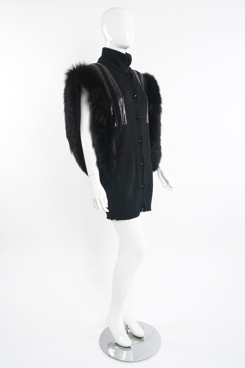 Vintage Delaware Street Long Fur Snake Trim Knit Vest on Mannequin angle at Recess Los Angeles