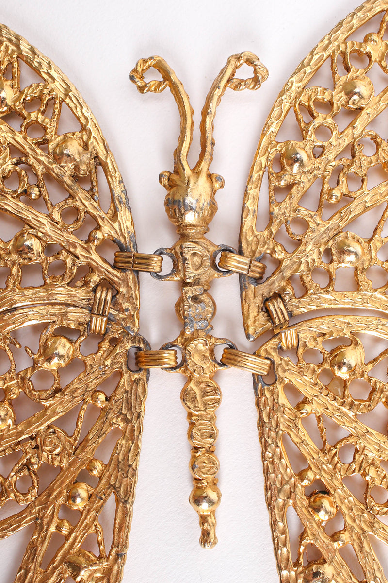 Vintage Swallowtail Filigree Butterfly Necklace back detail wear to gold@ Recess LA