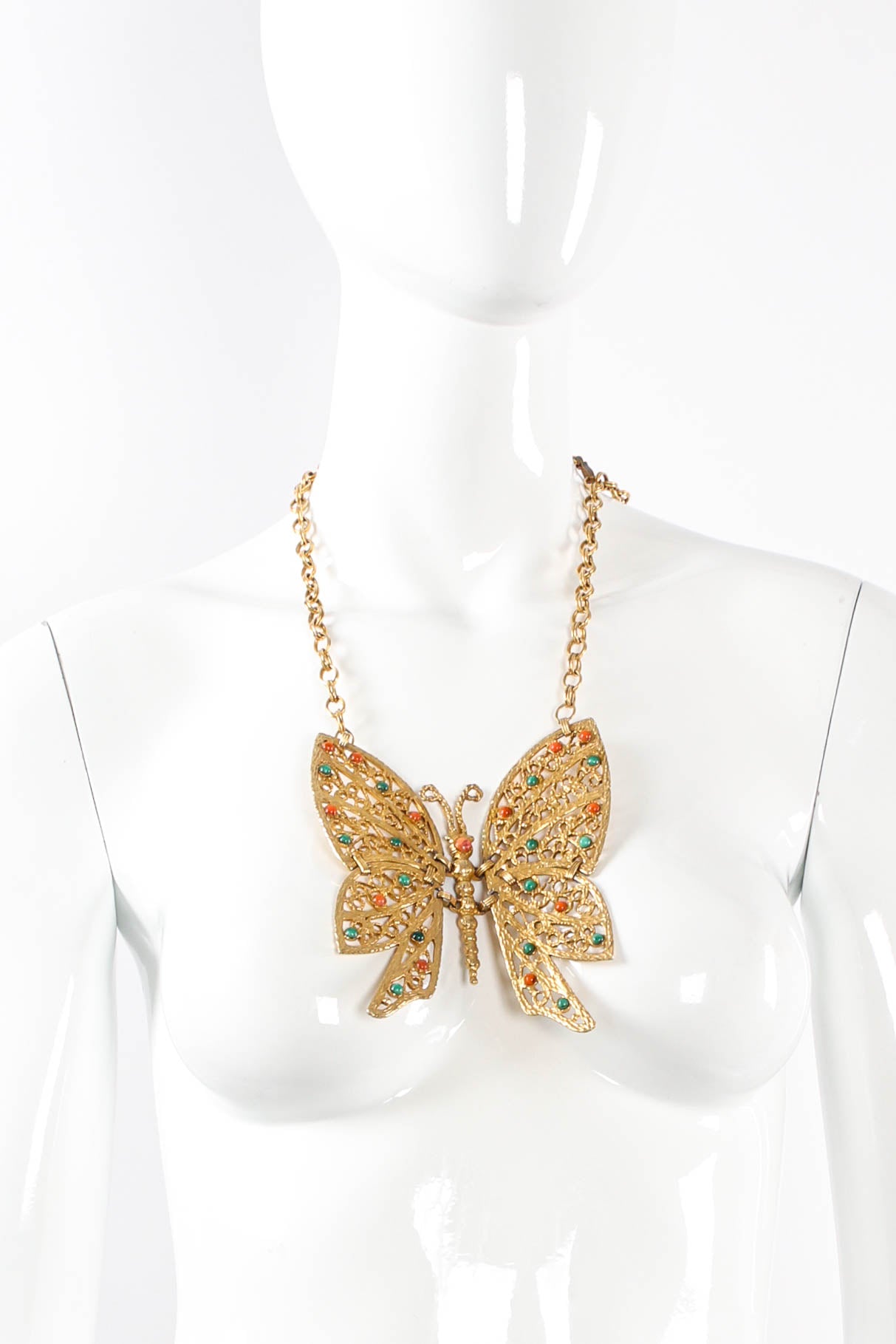 Vintage Swallowtail Filigree Butterfly Necklace on front mannequin @ Recess LA