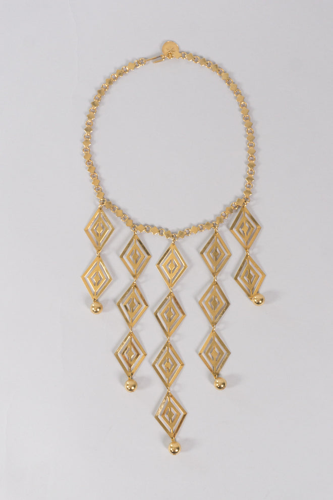 Vintage Metal Diamond Cutout Bib Necklace Choker
