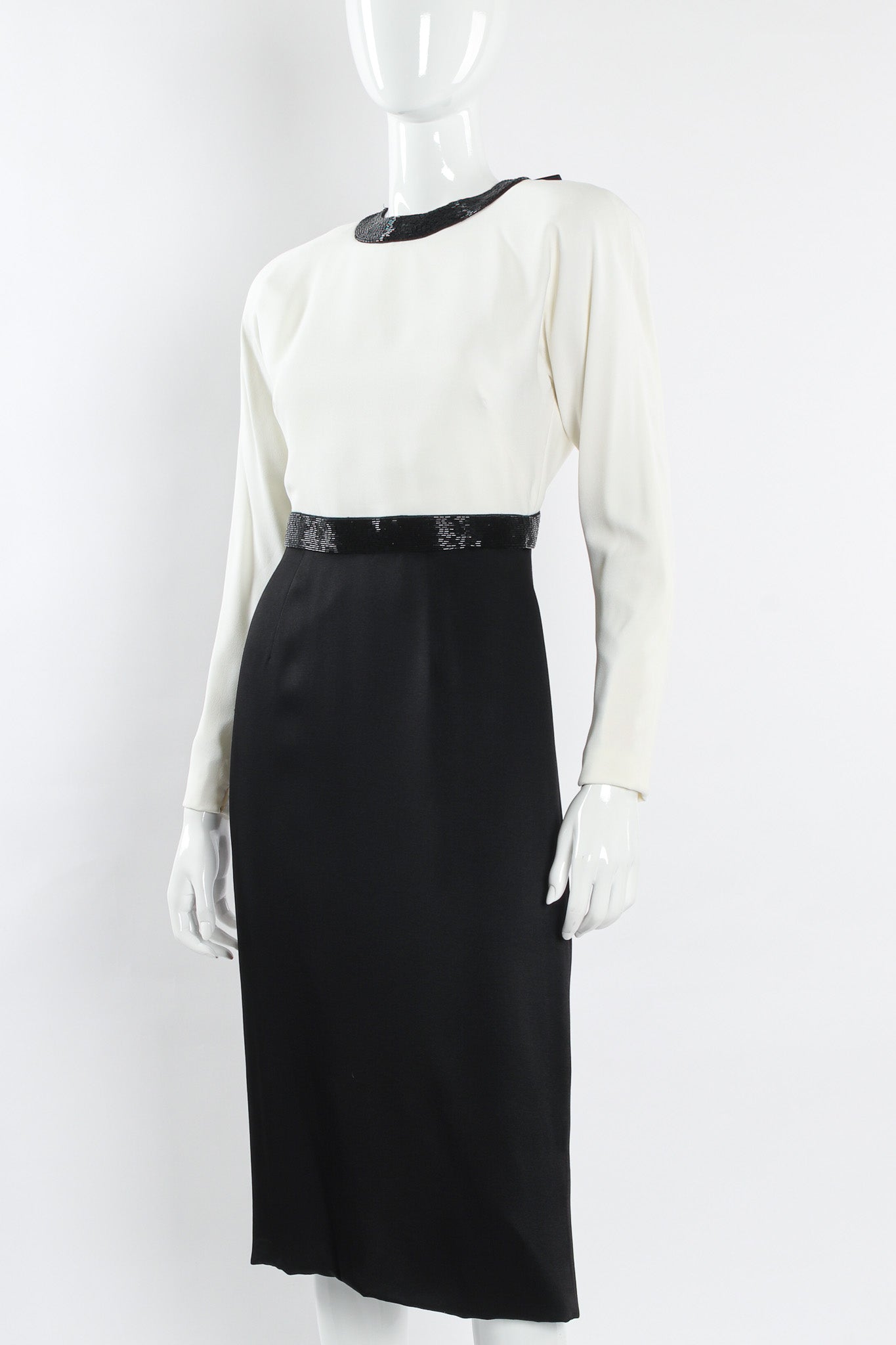 Vintage Diane Dickinson for Saks Glass Beaded Colorblock Dress mannequin close angle  @ Recess LA
