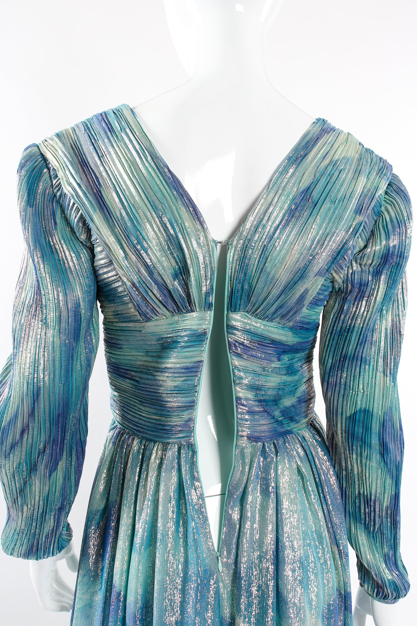 Vintage Diane Dickinson Metallic Lamé Liquid Waist Wrap Dress on Mannequin back zip at Recess LA