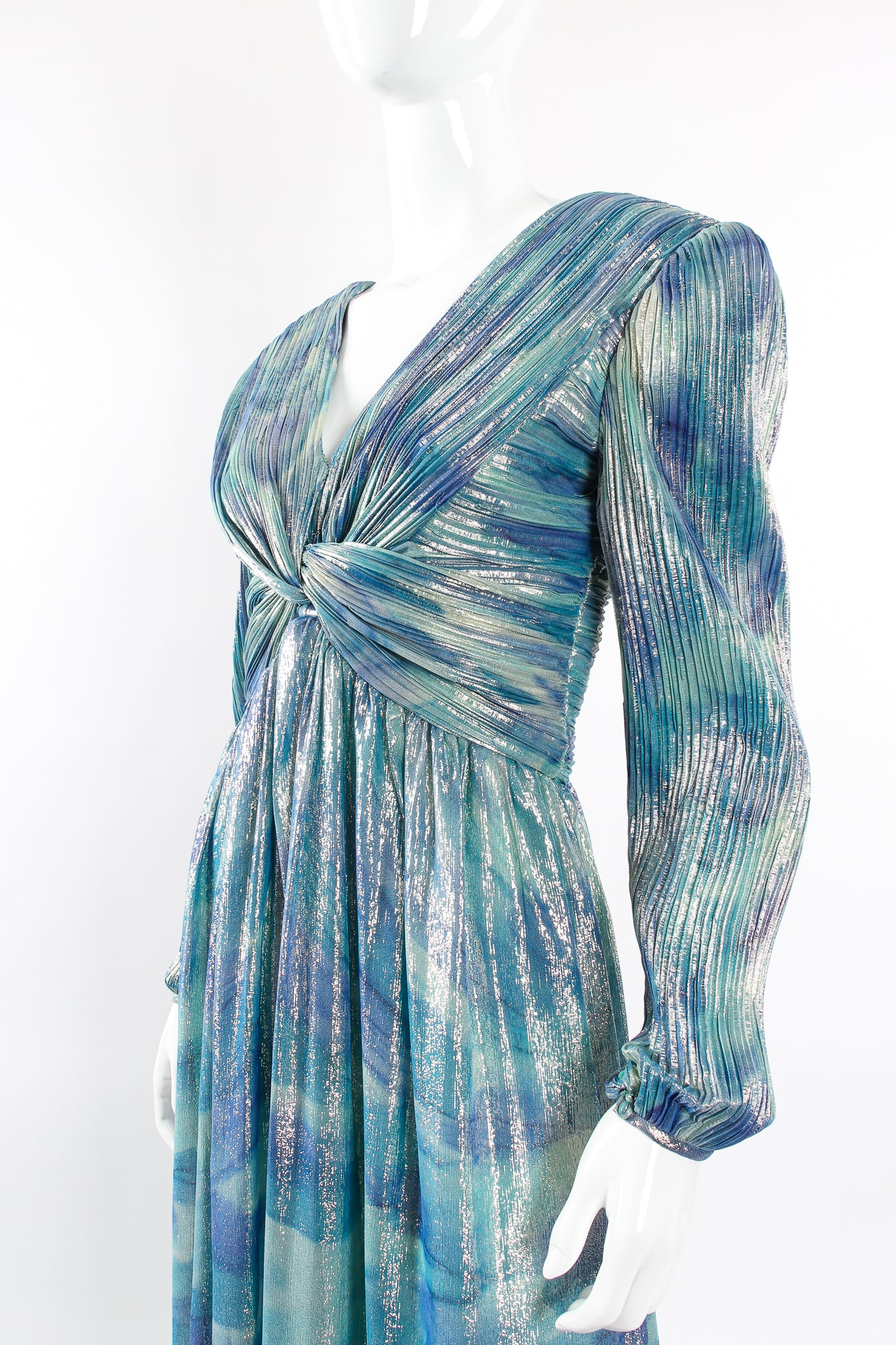 Vintage Diane Dickinson Metallic Lamé Liquid Waist Wrap Dress on Mannequin bust at Recess LA