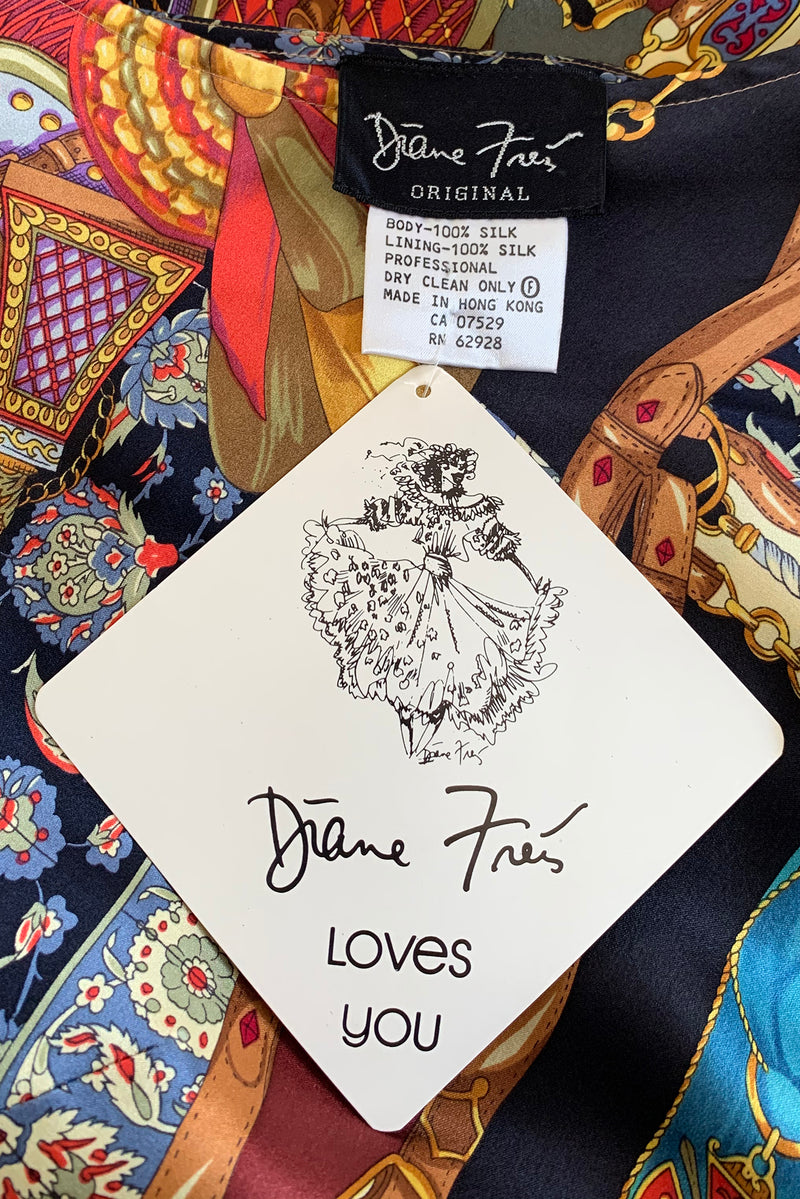 Vintage Diane Freis Buckle Horsebit Print Silk Bias Dress original label and tag at Recess LA