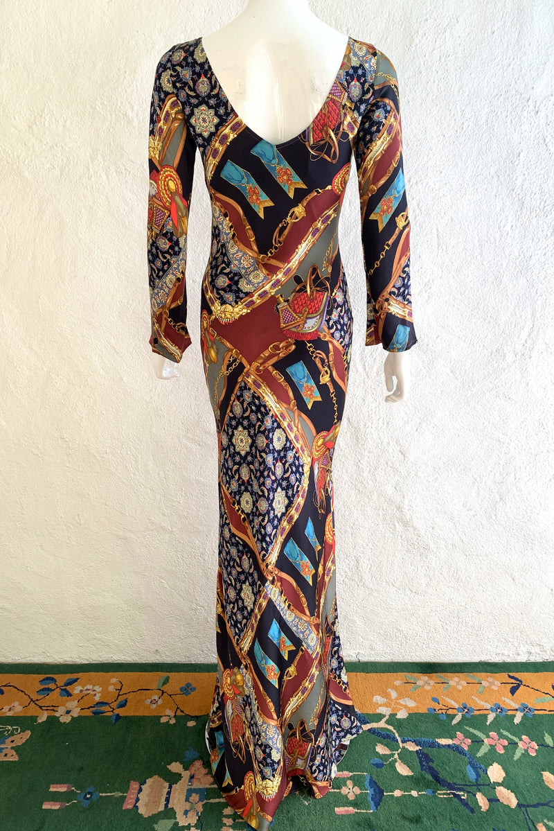 Vintage Diane Freis Buckle Horsebit Print Silk Bias Dress on Mannequin Back at Recess LA
