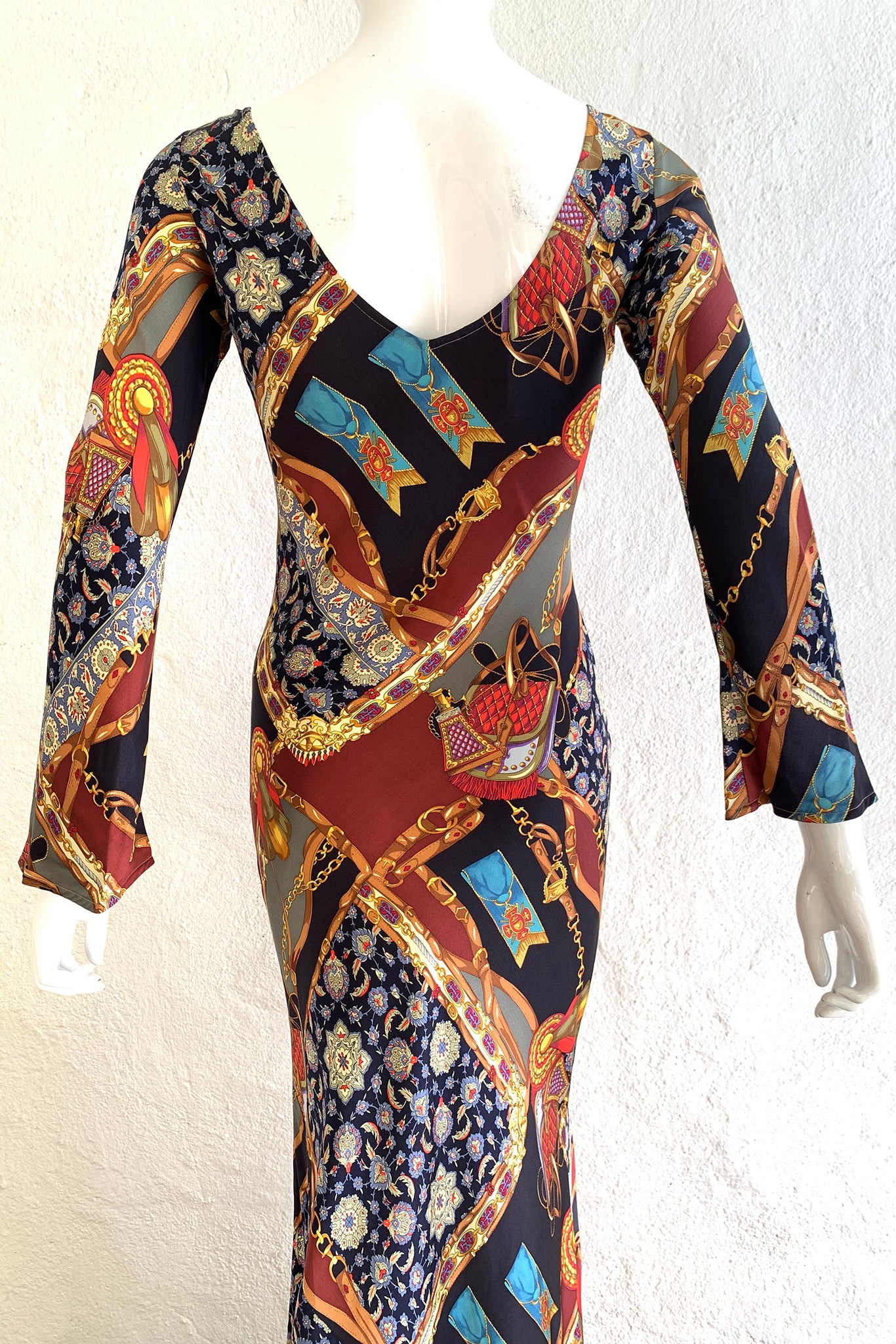 Vintage Diane Freis Buckle Horsebit Print Silk Bias Dress on Mannequin Back crop at Recess LA