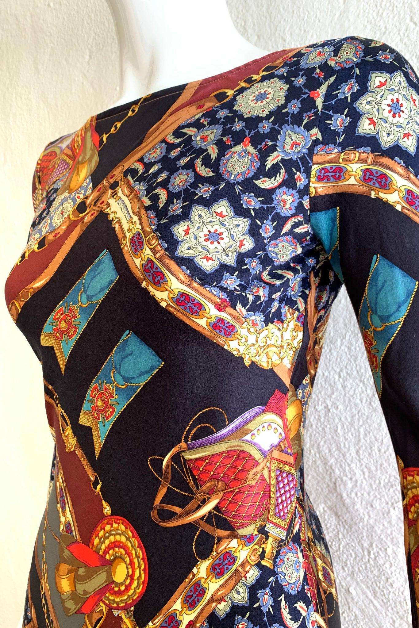 Vintage Diane Freis Buckle Horsebit Print Silk Bias Dress on Mannequin bust at Recess LA