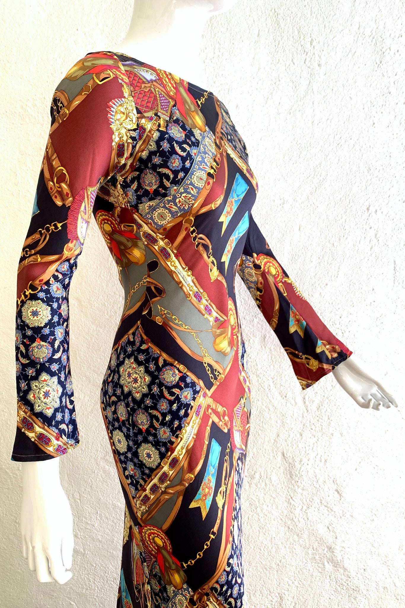 Vintage Diane Freis Buckle Horsebit Print Silk Bias Dress on Mannequin side at Recess LA