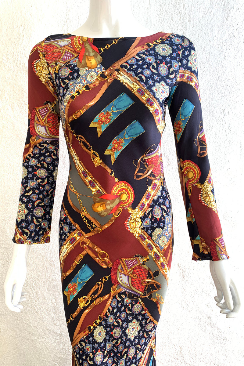Vintage Diane Freis Buckle Horsebit Print Silk Bias Dress on Mannequin front crop at Recess LA