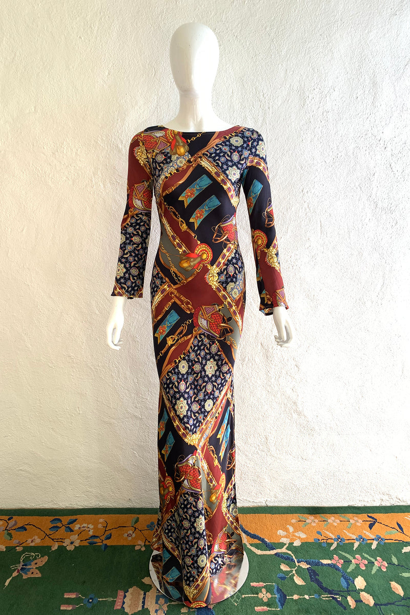 Vintage Diane Freis Buckle Horsebit Print Silk Bias Dress on Mannequin front at Recess LA